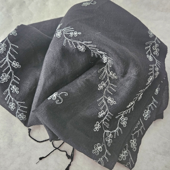 Accessories - Black Scarf Silver Metallic Embroidery Shawl